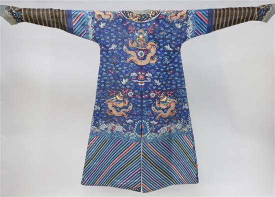 A Chinese embroidered blue silk gauze and metal thread Summer dragon robe, Jifu, 19th century,